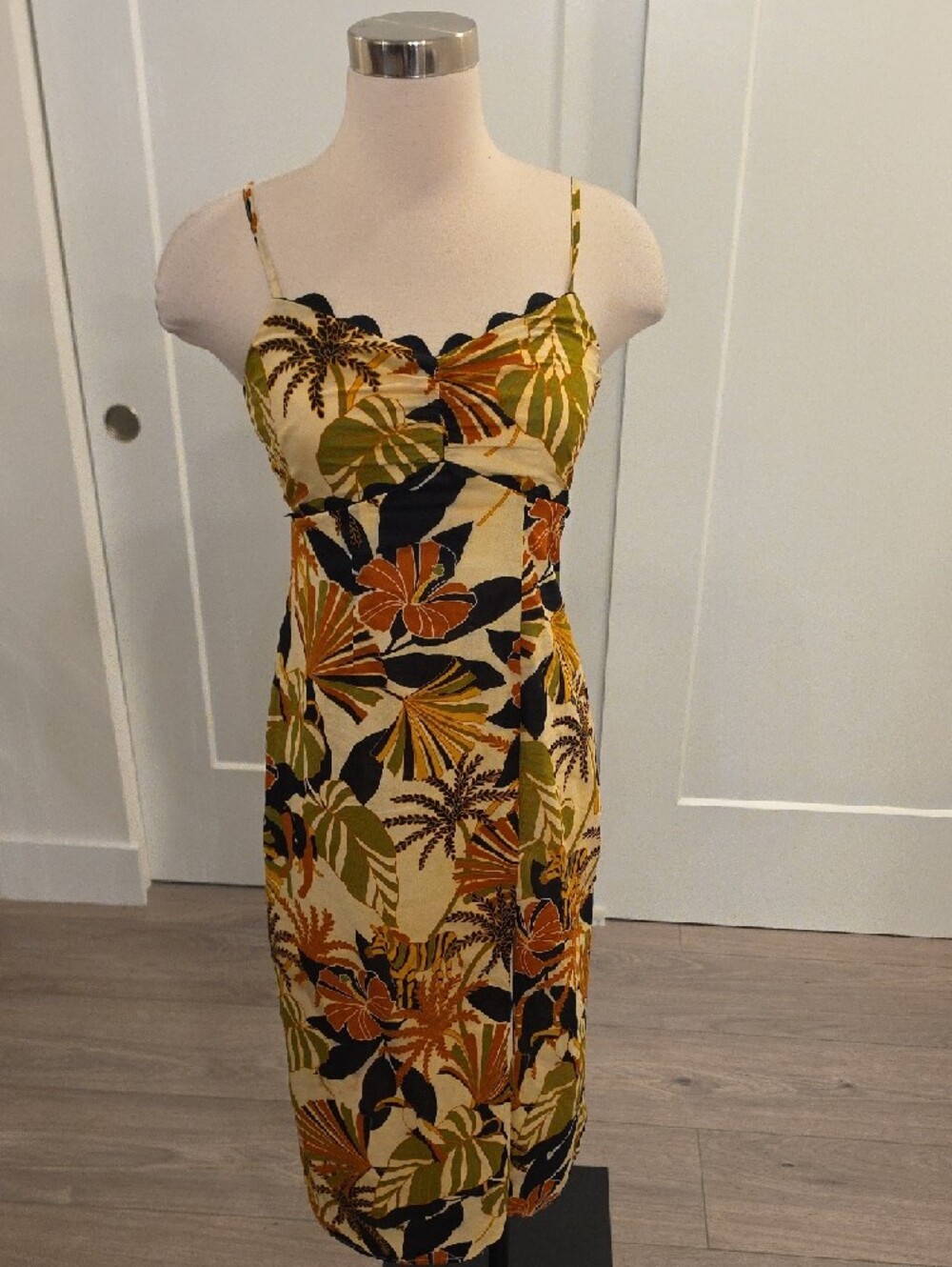 Rowa Tropical Print cotton Slip Midi Dress in Beige/Orange/green size XS